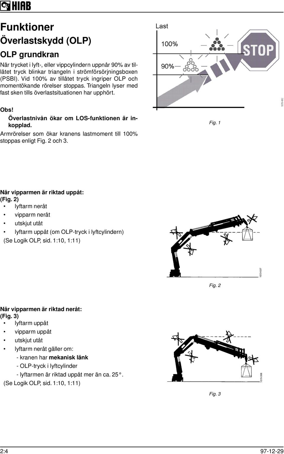 Armrörelser som ökar kranens lastmoment till 100% stoppas enligt Fig. 2 och 3. Fig. 1 När vipparmen är riktad uppåt: (Fig.