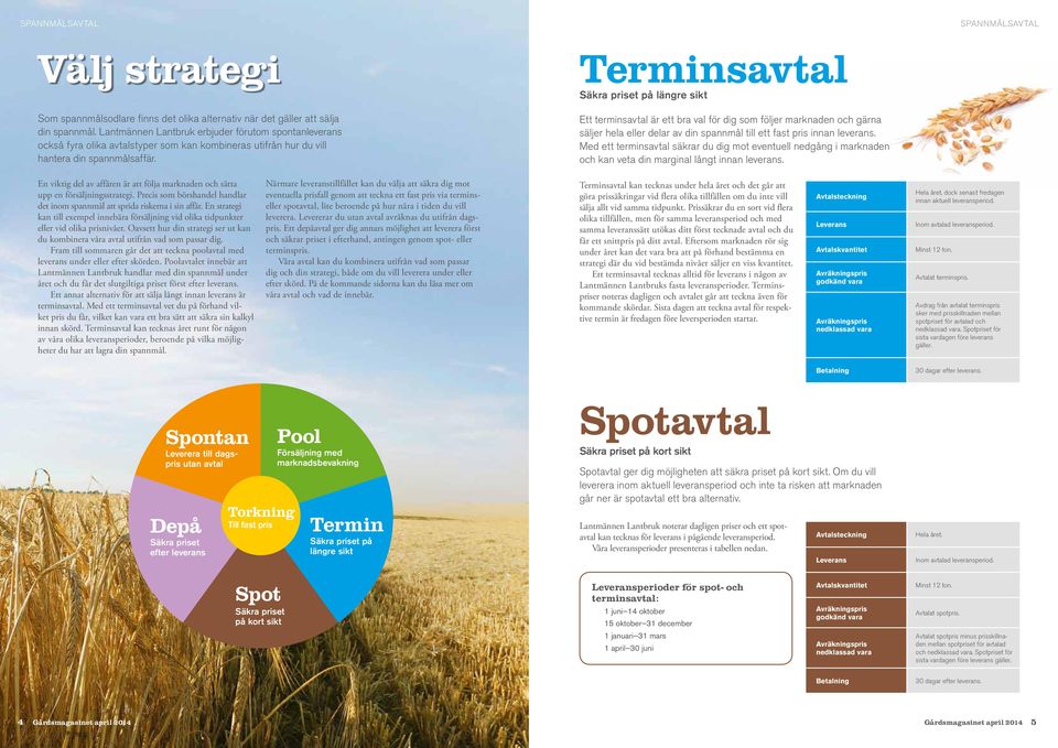 Terminsavtal Säkra priset på längre sikt Ett terminsavtal är ett bra val för dig som följer marknaden och gärna säljer hela eller delar av din spannmål till ett fast pris innan leverans.