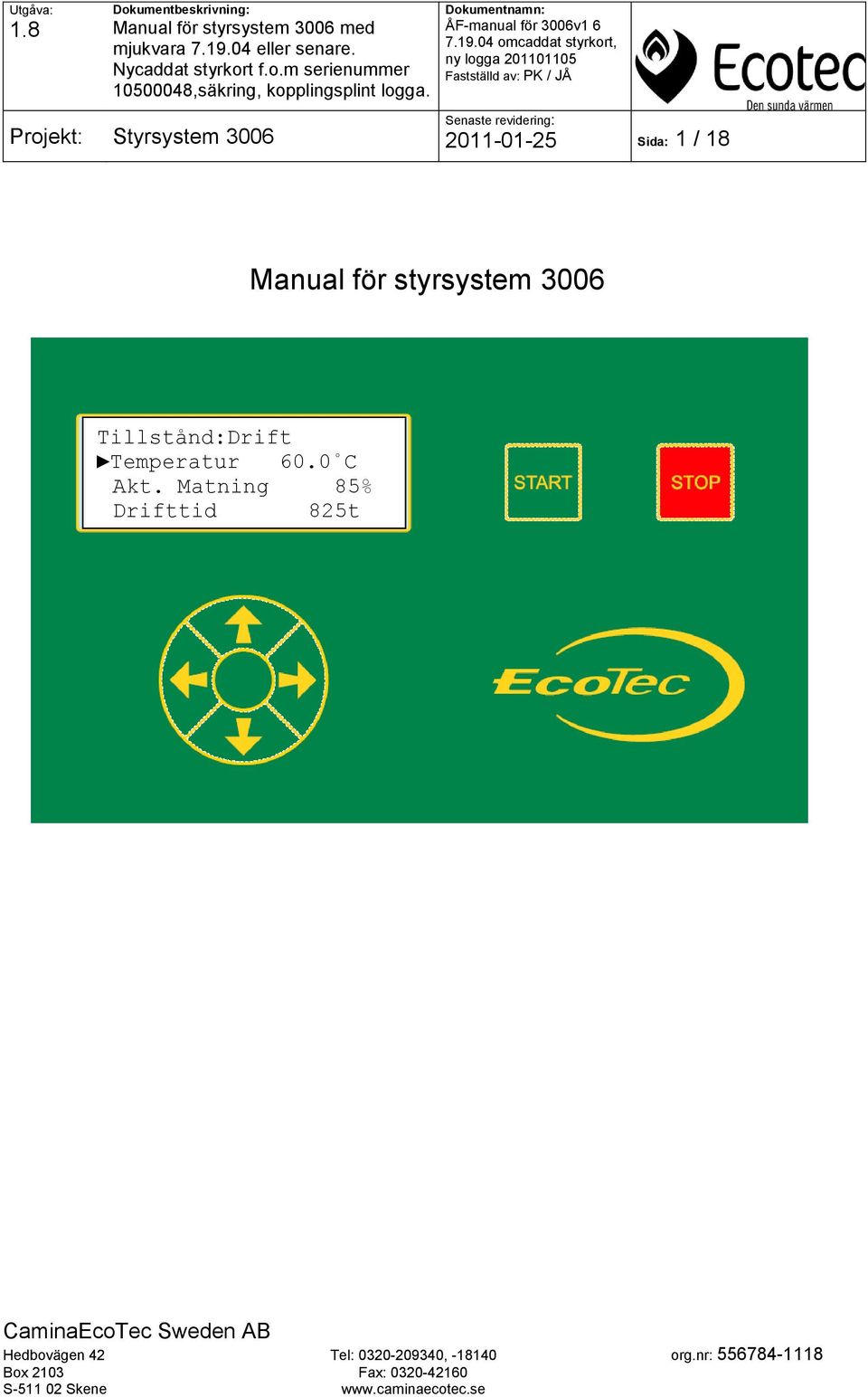 60.0 C Akt. Matning 85% Drifttid 825t Ext.