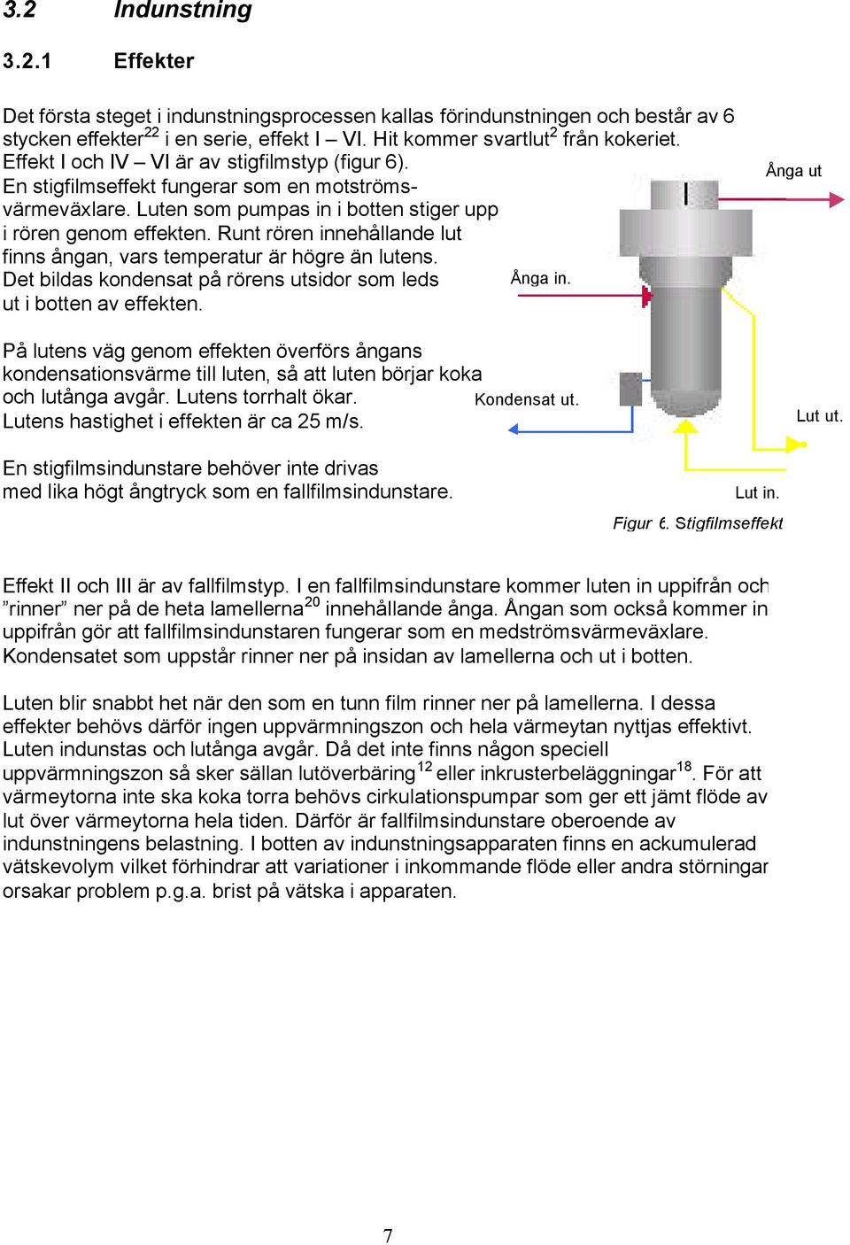 Runt rören innehållande lut finns ångan, vars temperatur är högre än lutens. Det bildas kondensat på rörens utsidor som leds Ånga in. ut i botten av effekten.