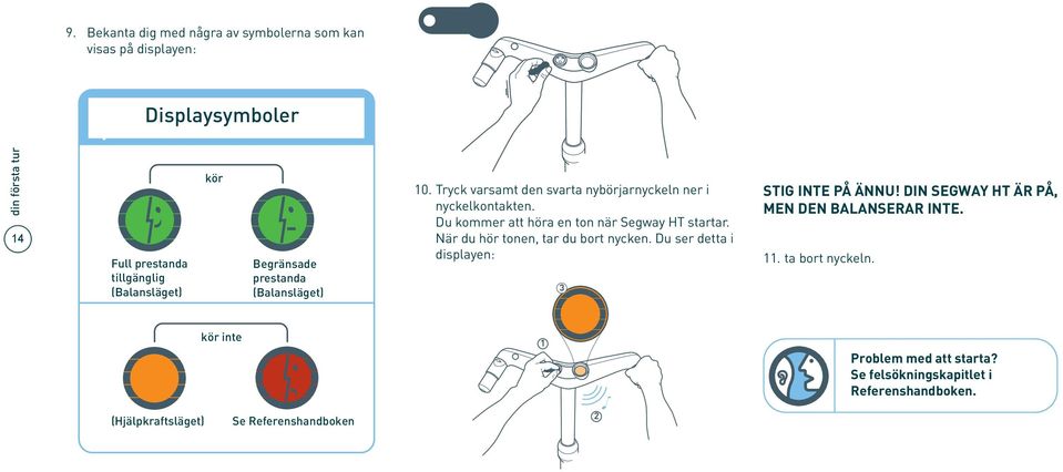 Tryck varsamt den svarta nybörjarnyckeln ner i nyckelkontakten. Du kommer att höra en ton när Segway HT startar. När du hör tonen, tar du bort nycken.