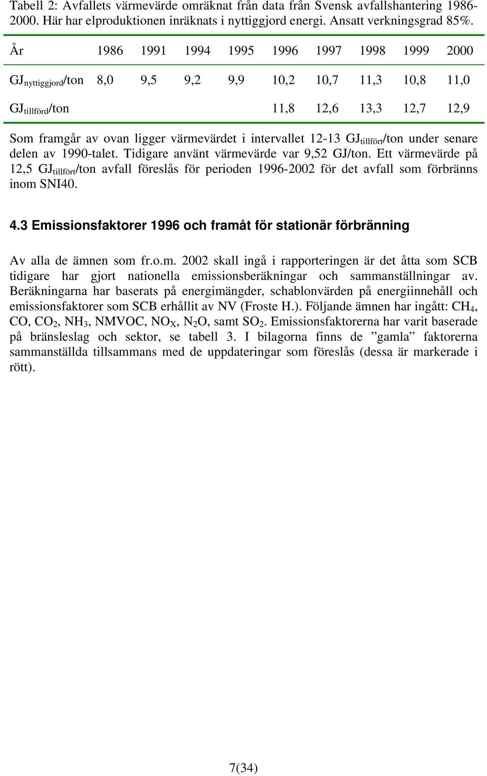 intervallet 12-13 GJ tillfört /ton under senare delen av 1990-talet. Tidigare använt värmevärde var 9,52 GJ/ton.