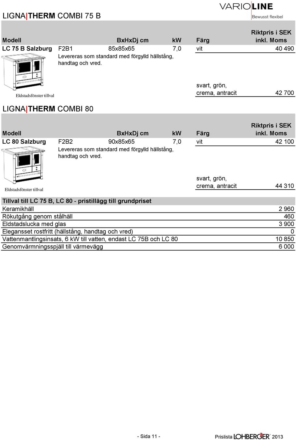 crema, antracit 44 310 Tillval till LC 75 B, LC 80 - pristillägg till grundpriset Keramikhäll 2 960 Rökutgång genom stålhäll 460 Eldstadslucka med glas 3 900