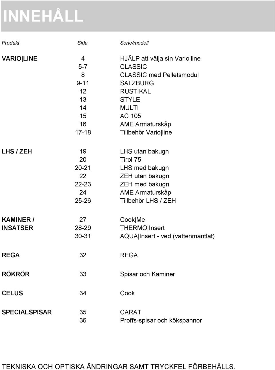 med bakugn 24 AME Armaturskåp 25-26 Tillbehör LHS / ZEH KAMINER / 27 Cook Me INSATSER 28-29 THERMO Insert 30-31 AQUA Insert - ved (vattenmantlat) REGA 32