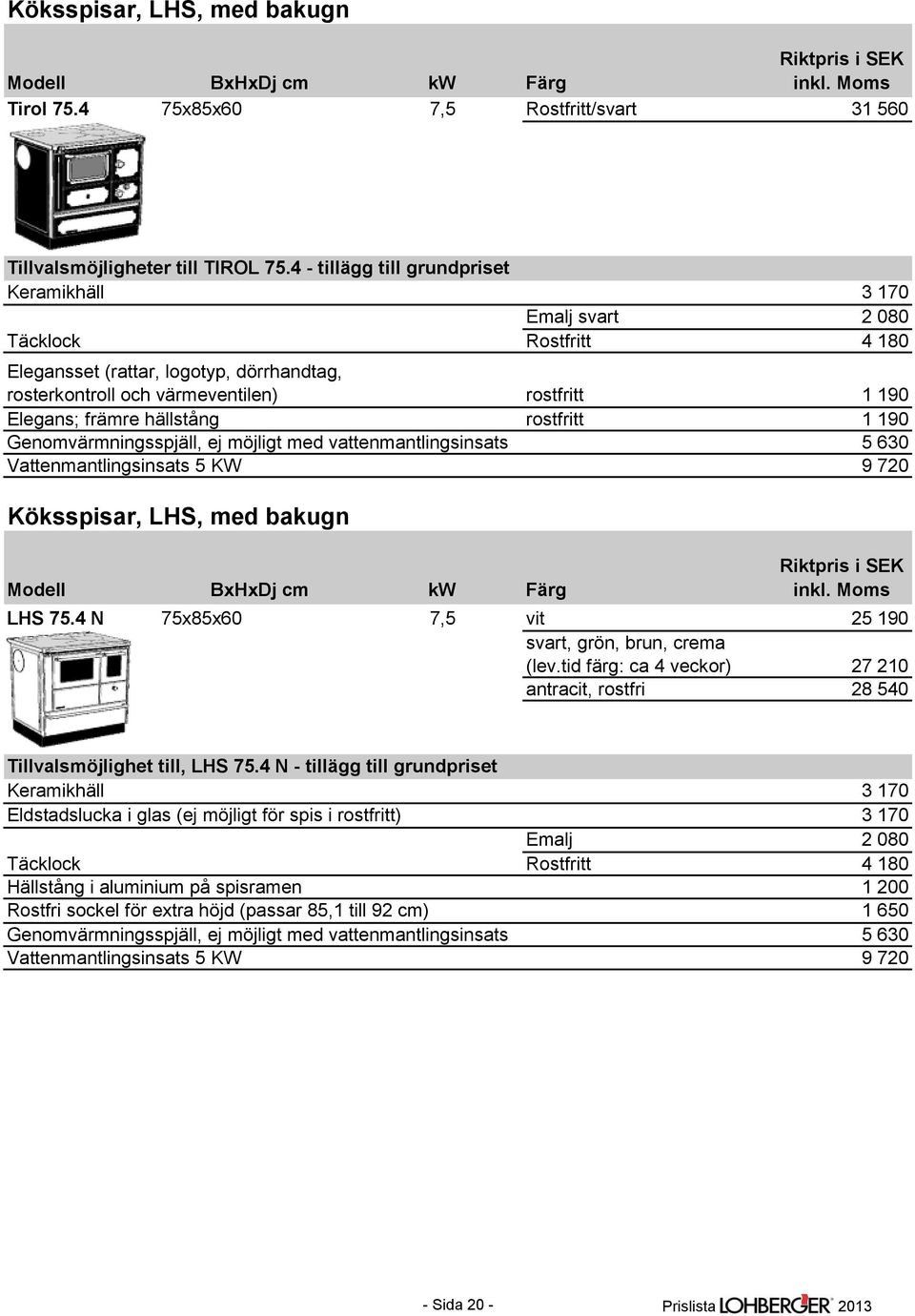 hällstång rostfritt 1 190 Genomvärmningsspjäll, ej möjligt med vattenmantlingsinsats 5 630 Vattenmantlingsinsats 5 KW 9 720 Köksspisar, LHS, med bakugn LHS 75.