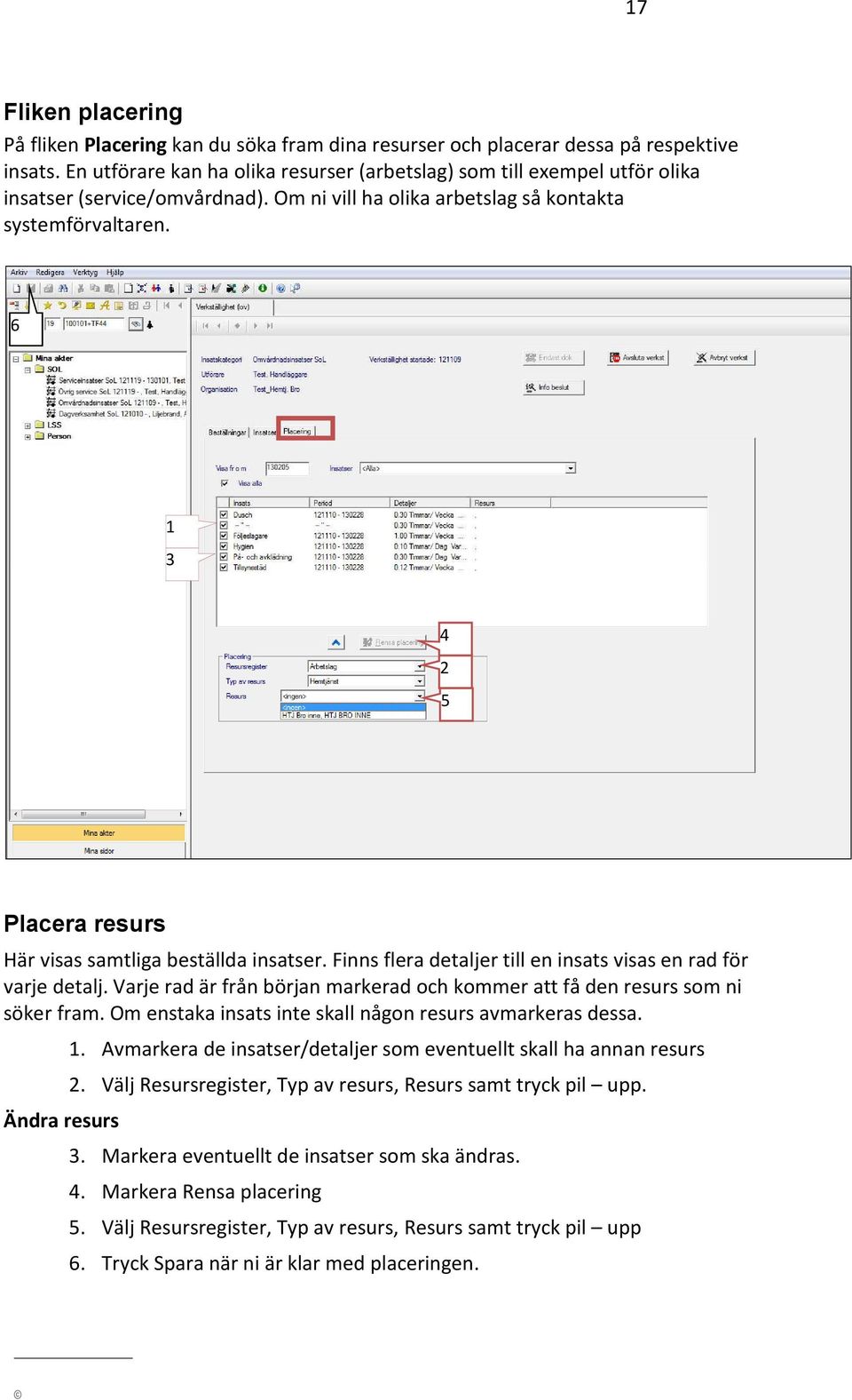 6 1 3 4 2 5 Placera resurs Här visas samtliga beställda insatser. Finns flera detaljer till en insats visas en rad för varje detalj.