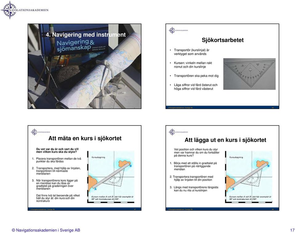 kurs ska du styra? 1. Placera transportören mellan de två punkter du ska färdas 2. Transportera, med hjälp av linjalen, tranportören till närmaste meridianen 3.