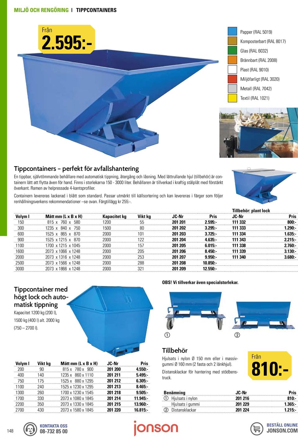 avfallshantering En tippbar, självtömmande behållare med automatisk tippning, återgång och låsning. Med lättrullande hjul (tillbehör) är containern lätt att flytta även för hand.