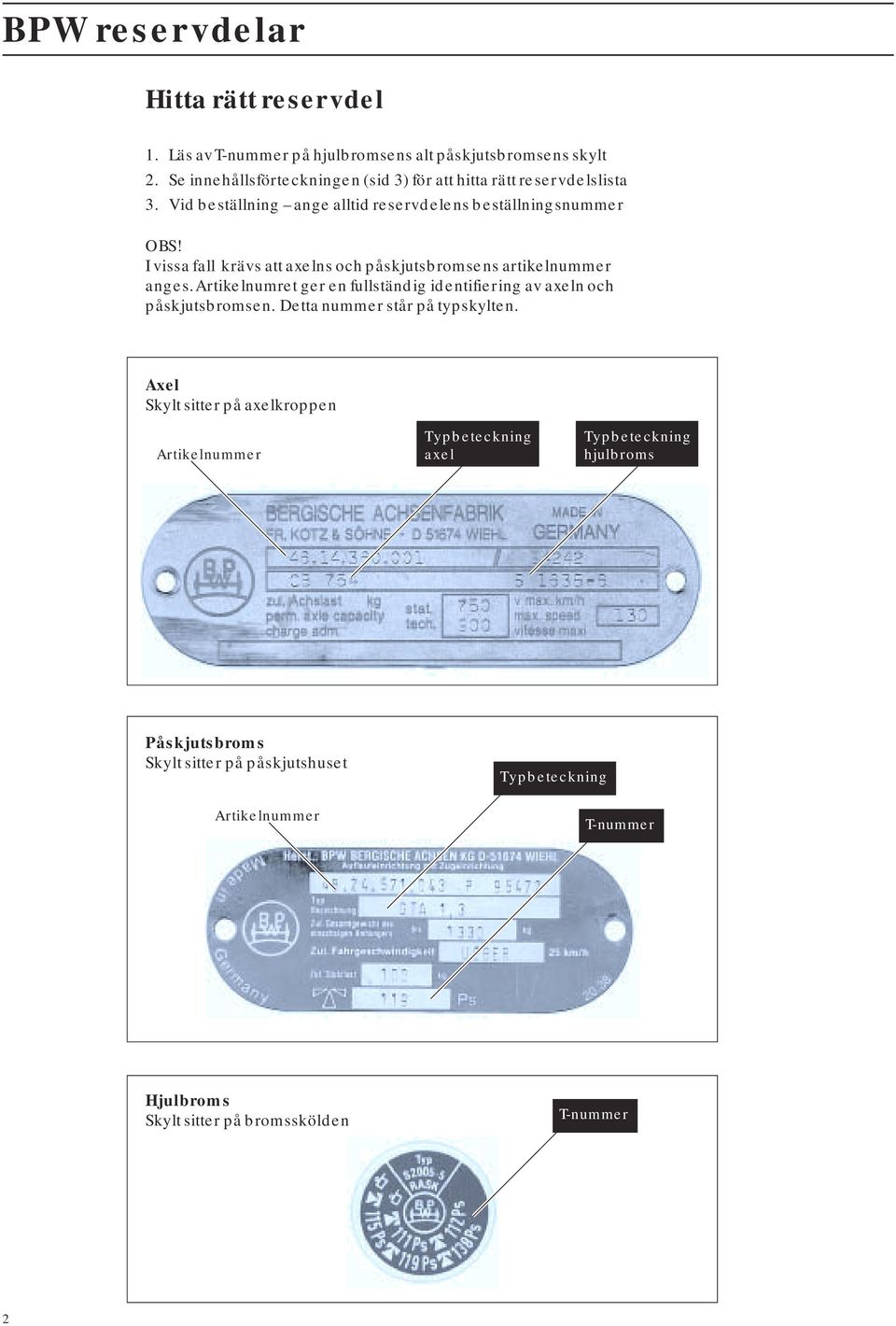 I vissa fall krävs att axelns och påskjutsbromsens artikelnummer anges. Artikelnumret ger en fullständig identifiering av axeln och påskjutsbromsen.