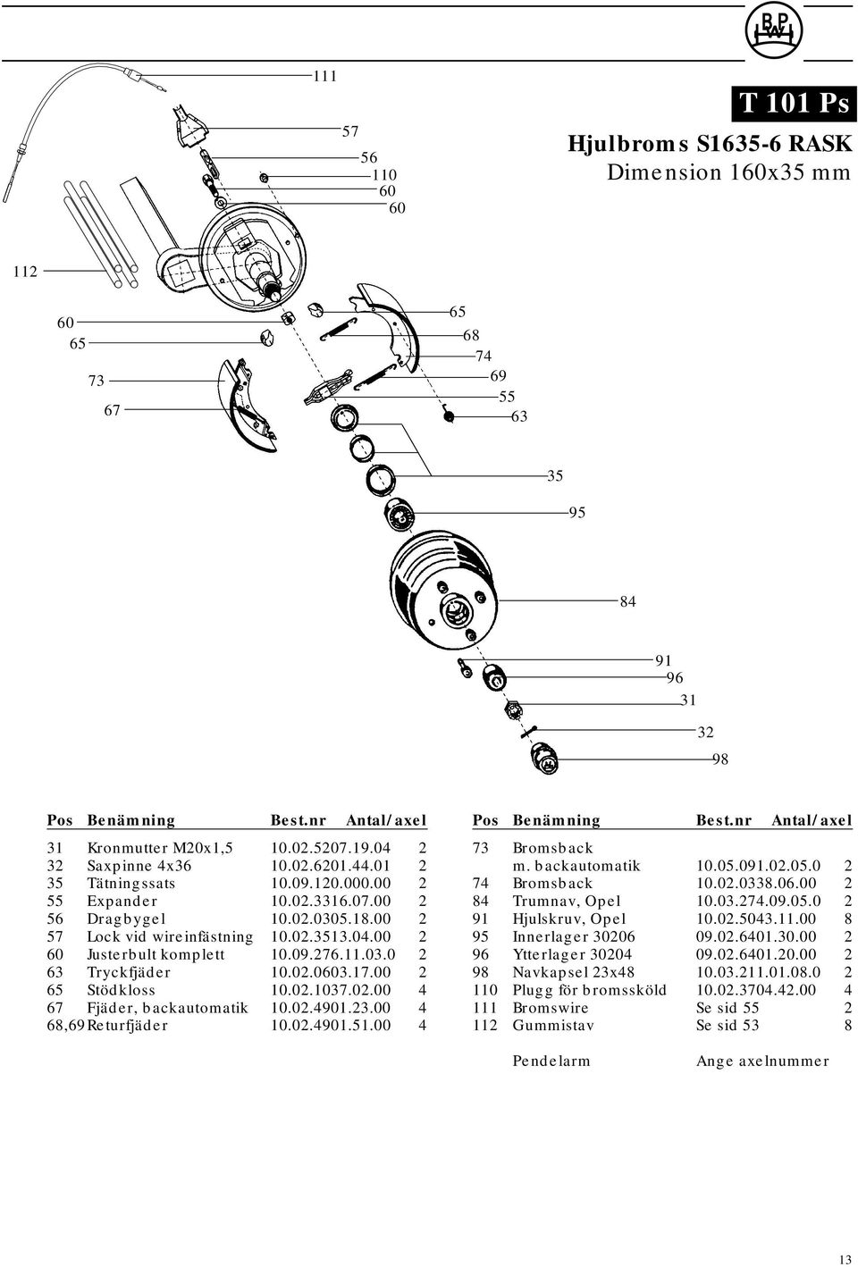 02.490.23.00 4 68,69 Returfjäder 0.02.490.5.00 4 73 Bromsback m. backautomatik 0.05.09.02.05.0 2 74 Bromsback 0.02.0338.06.00 2 84 Trumnav, Opel 0.03.274.09.05.0 2 9 Hjulskruv, Opel 0.02.5043.