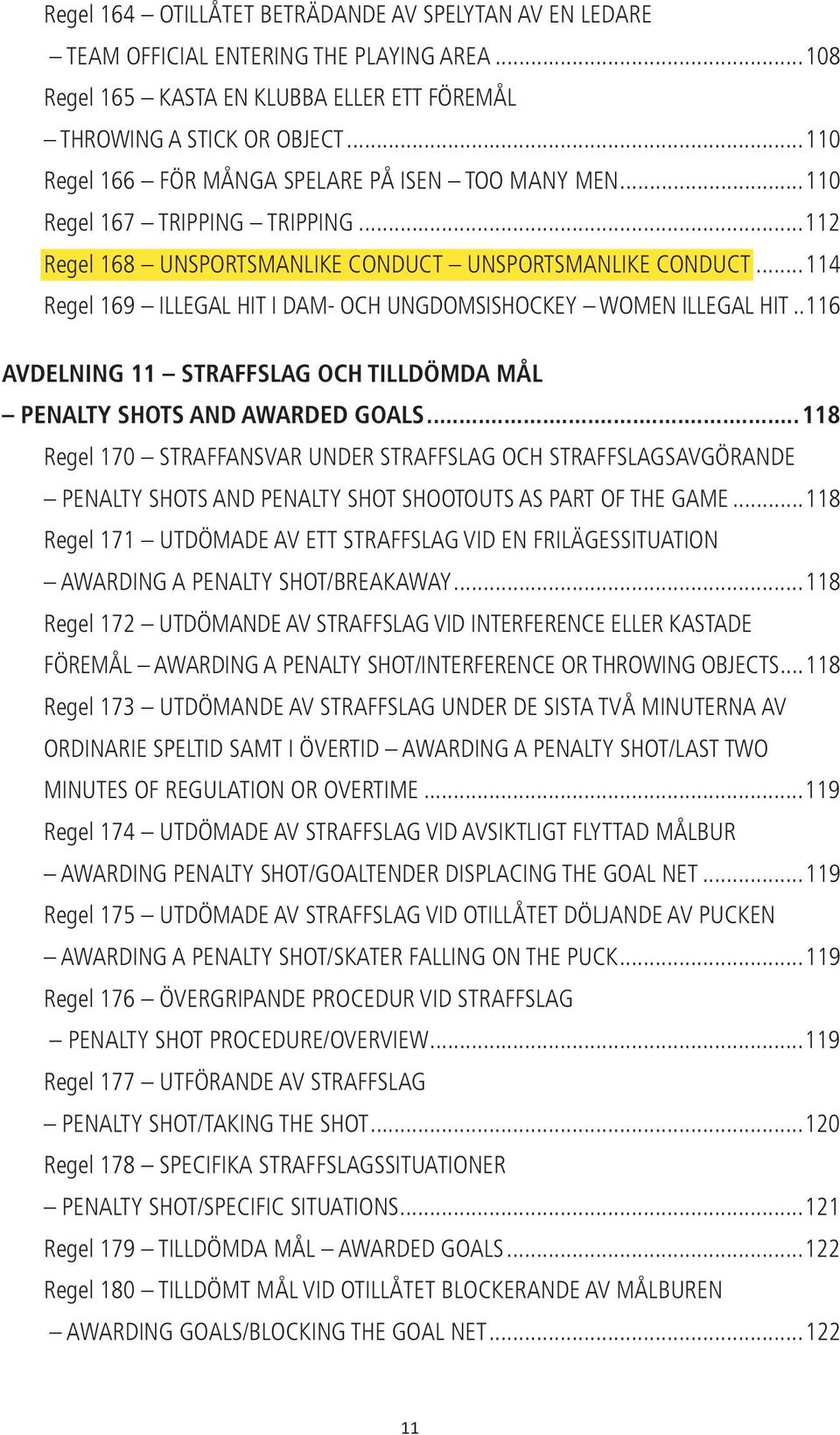 ..114 Regel 169 ILLEGAL HIT I DAM- OCH UNGDOMSISHOCKEY WOMEN ILLEGAL HIT..116 AVDELNING 11 STRAFFSLAG OCH TILLDÖMDA MÅL PENALTY SHOTS AND AWARDED GOALS.