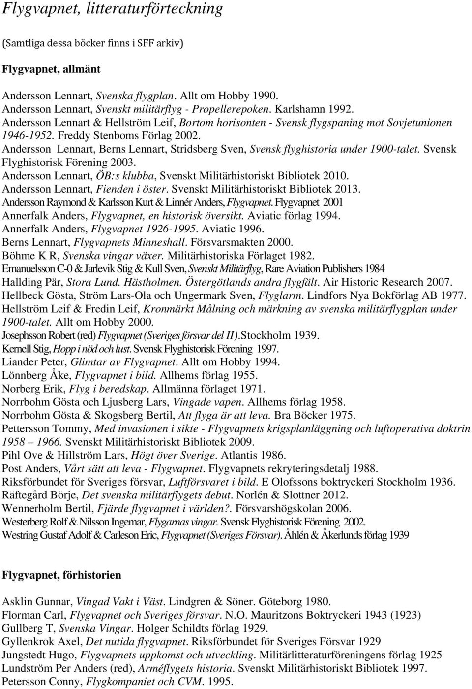 Freddy Stenboms Förlag 2002. Andersson Lennart, Berns Lennart, Stridsberg Sven, Svensk flyghistoria under 1900-talet. Svensk Flyghistorisk Förening 2003.