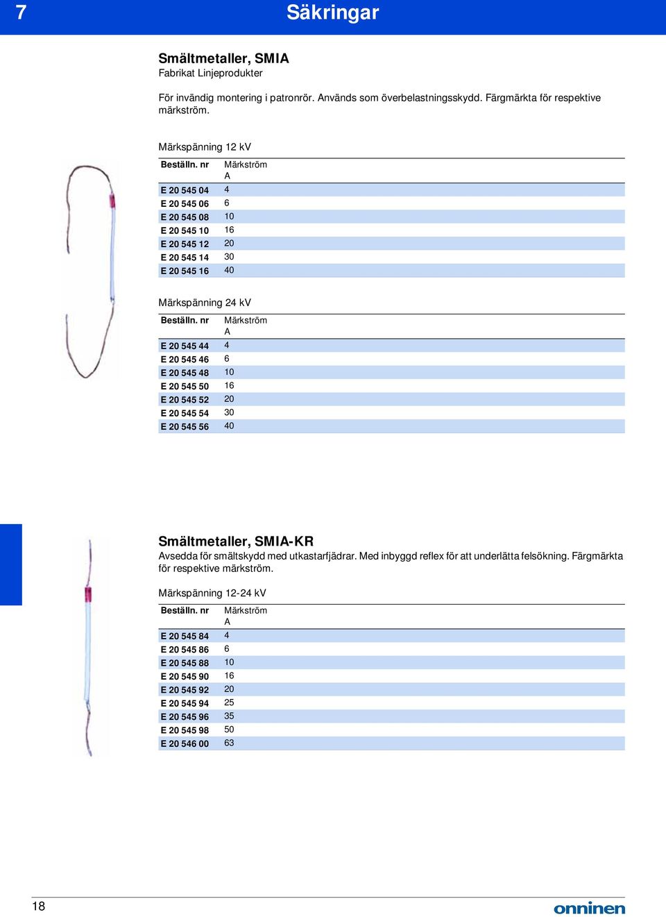 nr Märkström E 20 545 44 4 E 20 545 46 6 E 20 545 48 10 E 20 545 50 16 E 20 545 52 20 E 20 545 54 30 E 20 545 56 40 Smältmetaller, SMI-KR vsedda för smältskydd med utkastarfjädrar.