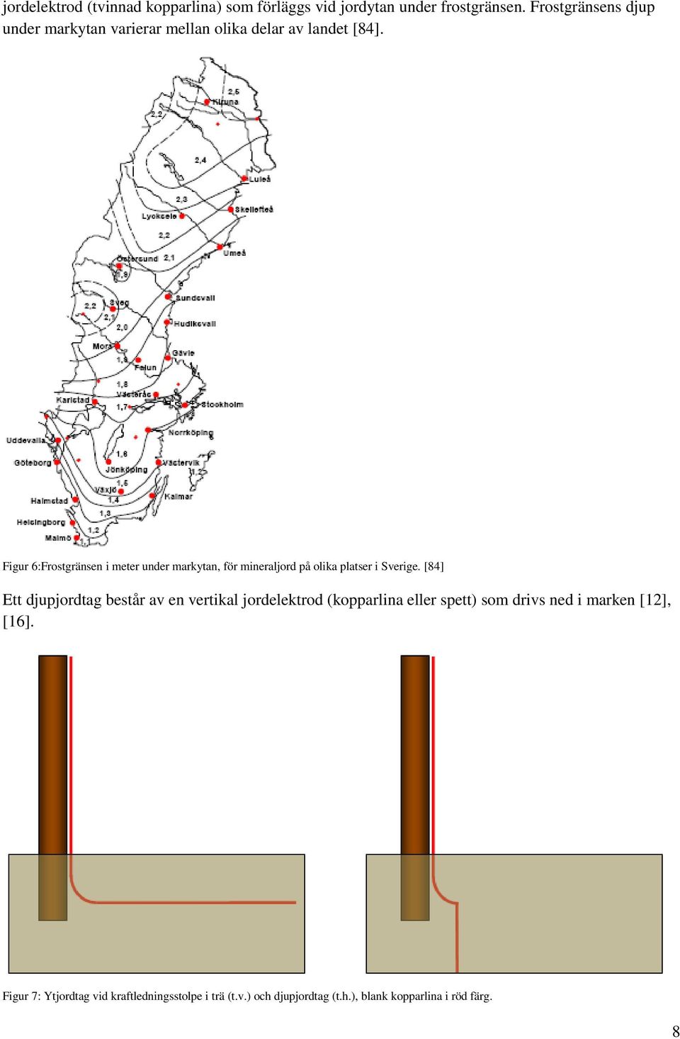 Figur 6:Frostgränsen i meter under markytan, för mineraljord på olika platser i Sverige.
