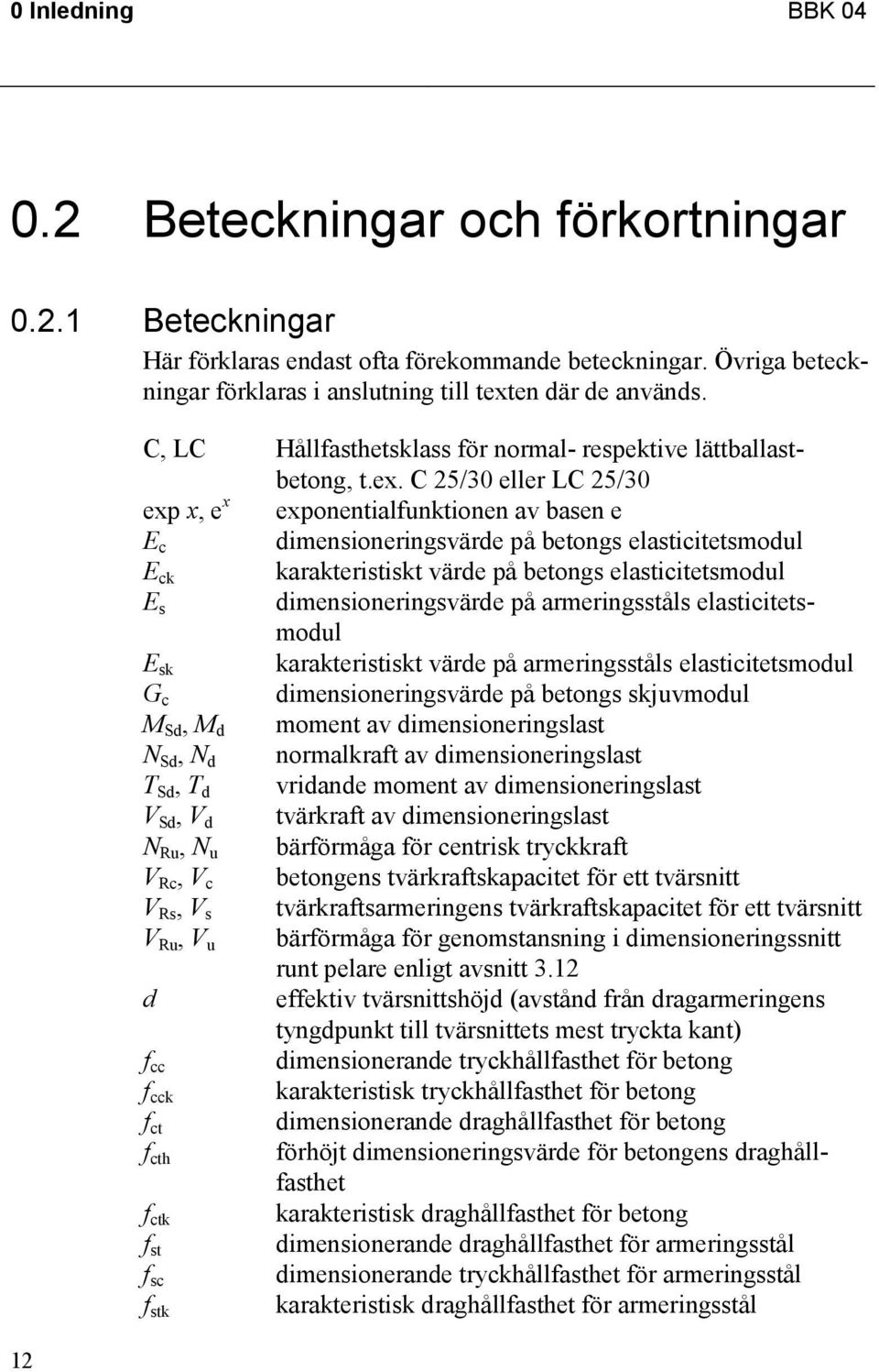 C 25/30 eller LC 25/30 exp x, e x exponentialfunktionen av basen e E c dimensioneringsvärde på betongs elasticitetsmodul E ck karakteristiskt värde på betongs elasticitetsmodul E s