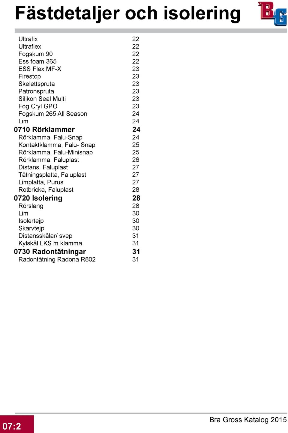 25 Rörklamma, Faluplast 26 Distans, Faluplast 27 Tätningsplatta, Faluplast 27 Limplatta, Purus 27 Rotbricka, Faluplast 28 0720 Isolering 8