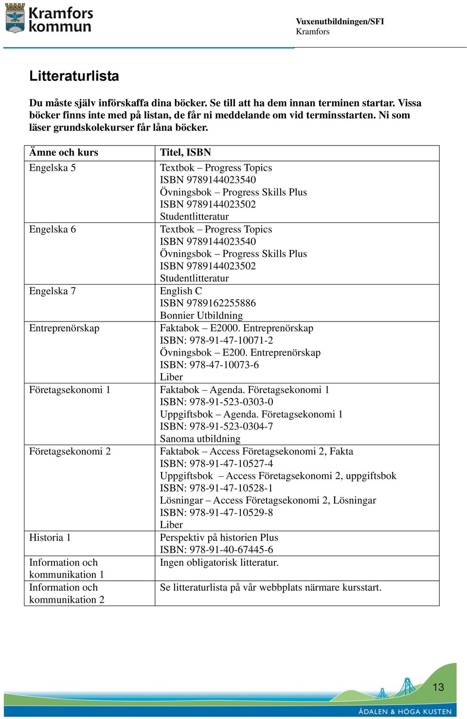 Ämne och kurs Engelska 5 Engelska 6 Engelska 7 Entreprenörskap Titel, ISBN Textbok Progress Topics ISBN 9789144023540 Övningsbok Progress Skills Plus ISBN 9789144023502 Studentlitteratur Textbok