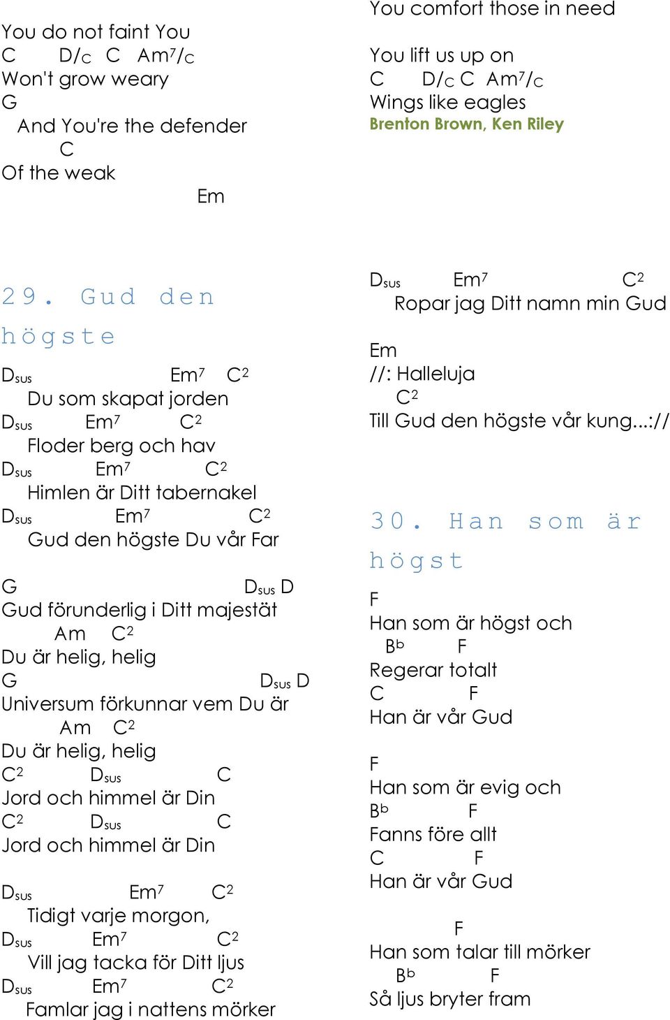 förkunnar vem u är m 2 u är helig, helig 2 sus Jord och himmel är in 2 sus Jord och himmel är in sus sus 7 2 Tidigt varje morgon, sus 7 2 Vill jag tacka för itt ljus sus 7 2 Famlar jag i nattens