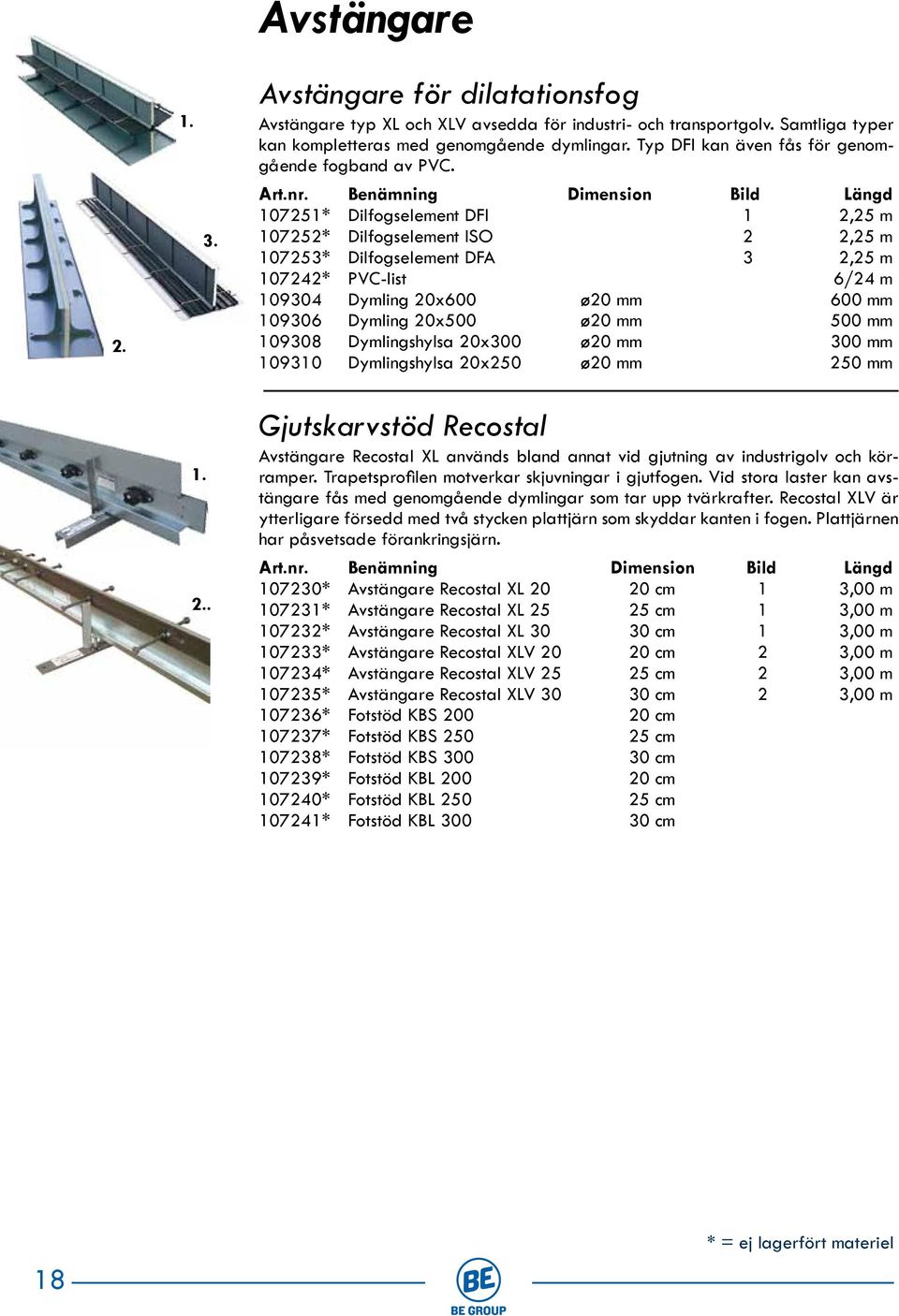 Benämning Dimension Bild Längd 107251* Dilfogselement DFI 1 2,25 m 107252* Dilfogselement ISO 2 2,25 m 107253* Dilfogselement DFA 3 2,25 m 107242* PVC-list 6/24 m 109304 Dymling 20x600 ø20 mm 600 mm