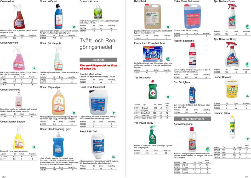 218826 750 ml 10 Ocean Fönsterputs 218764 325 ml 20 218760 1.5 l 8 Tvätt- och Rengöringsmedel Lågalkaliskt korrosionssäkert, klor och fosfatfritt flytande maskindiskmedel.