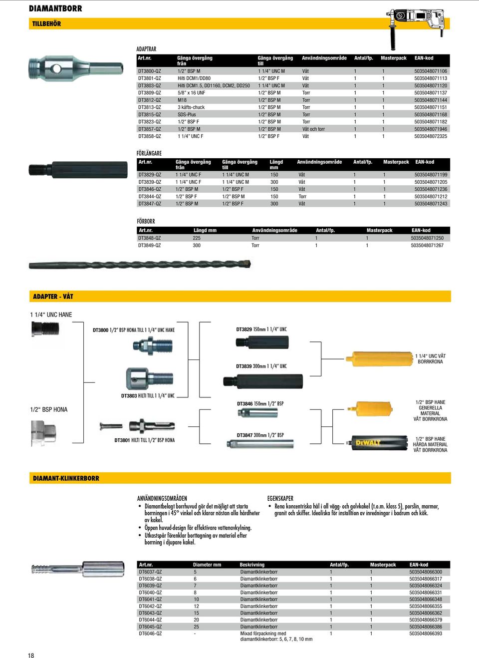 5, DD1160, DCM2, DD250 1 1/4 UNC M Våt 1 1 5035048071120 DT3809-QZ 5/8 x 16 UNF 1/2 BSP M Torr 1 1 5035048071137 DT3812-QZ M18 1/2 BSP M Torr 1 1 5035048071144 DT3813-QZ 3 käfts-chuck 1/2 BSP M Torr