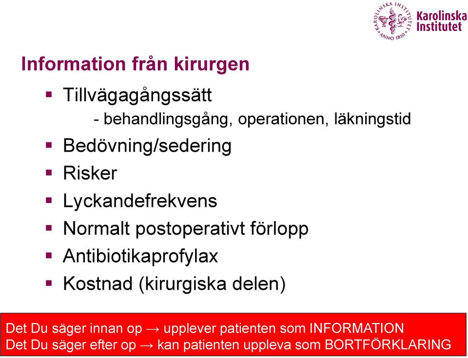 förlopp Antibiotikaprofylax Kostnad (kirurgiska delen) Det Du säger innan op