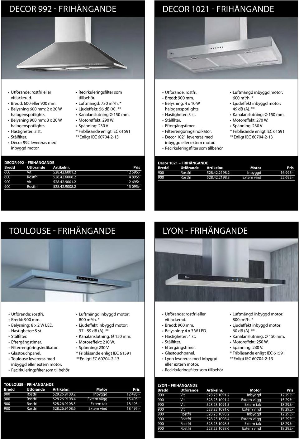 Belysning: 4 x 10 W decor 1021 levereras med inbyggd eller extern motor. 600 m 3 /h. * 49 db (a). ** motoreffekt: 270 W. DECOR 992 FRIHÄNGANDE 600 vit 528.42.6001.2 12 595:- 600 rostfri 528.42.6008.