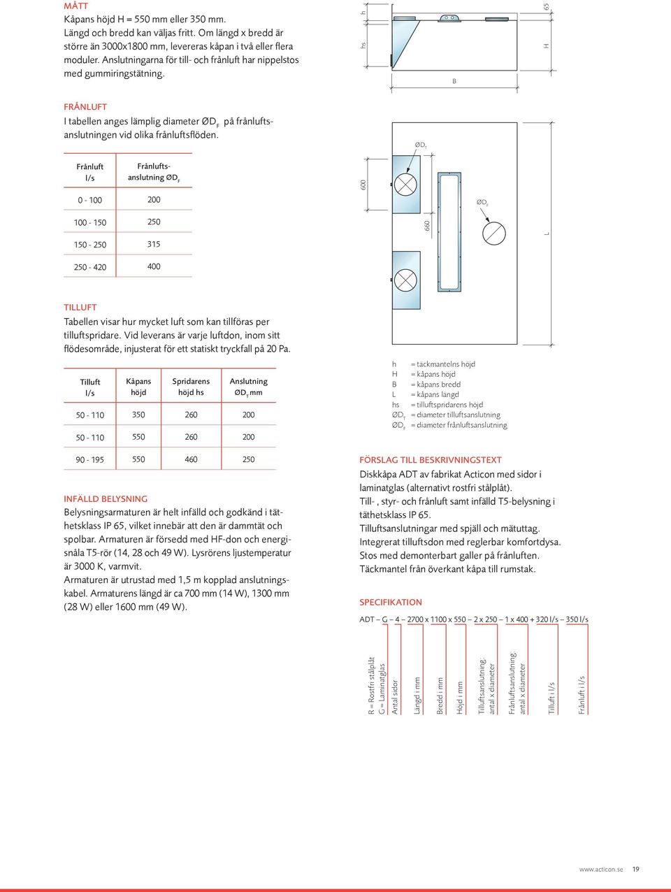 ØD T Frånluft l/s Frånluftsanslutning ØD F 600 0-100 200 ØD F 100-150 250 660 150-250 250-420 315 TILLUFT Tabellen visar hur mycket luft som kan tillföras per tilluftspridare.