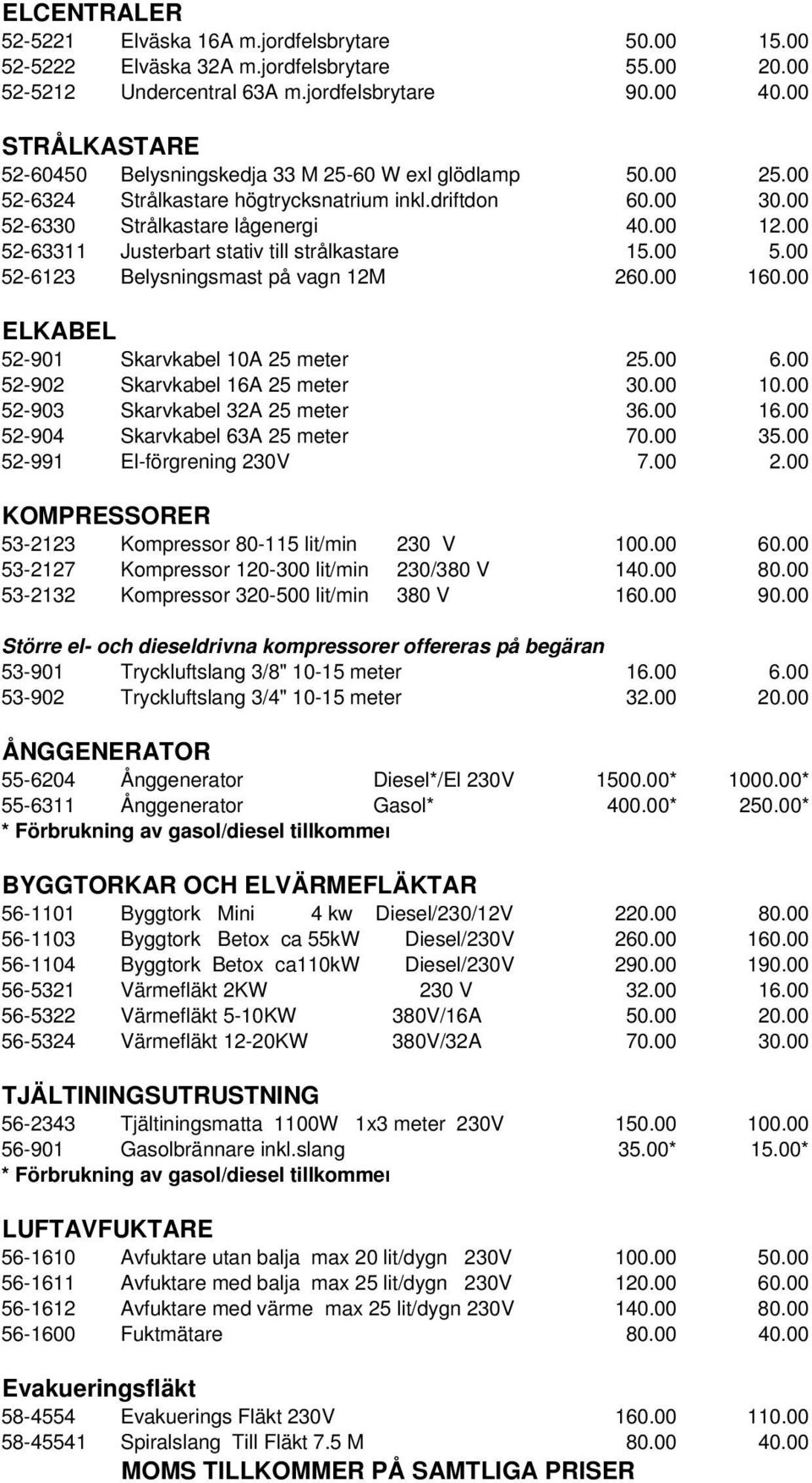 00 52-63311 Justerbart stativ till strålkastare 15.00 5.00 52-6123 Belysningsmast på vagn 12M 260.00 160.00 ELKABEL 52-901 Skarvkabel 10A 25 meter 25.00 6.00 52-902 Skarvkabel 16A 25 meter 30.00 10.