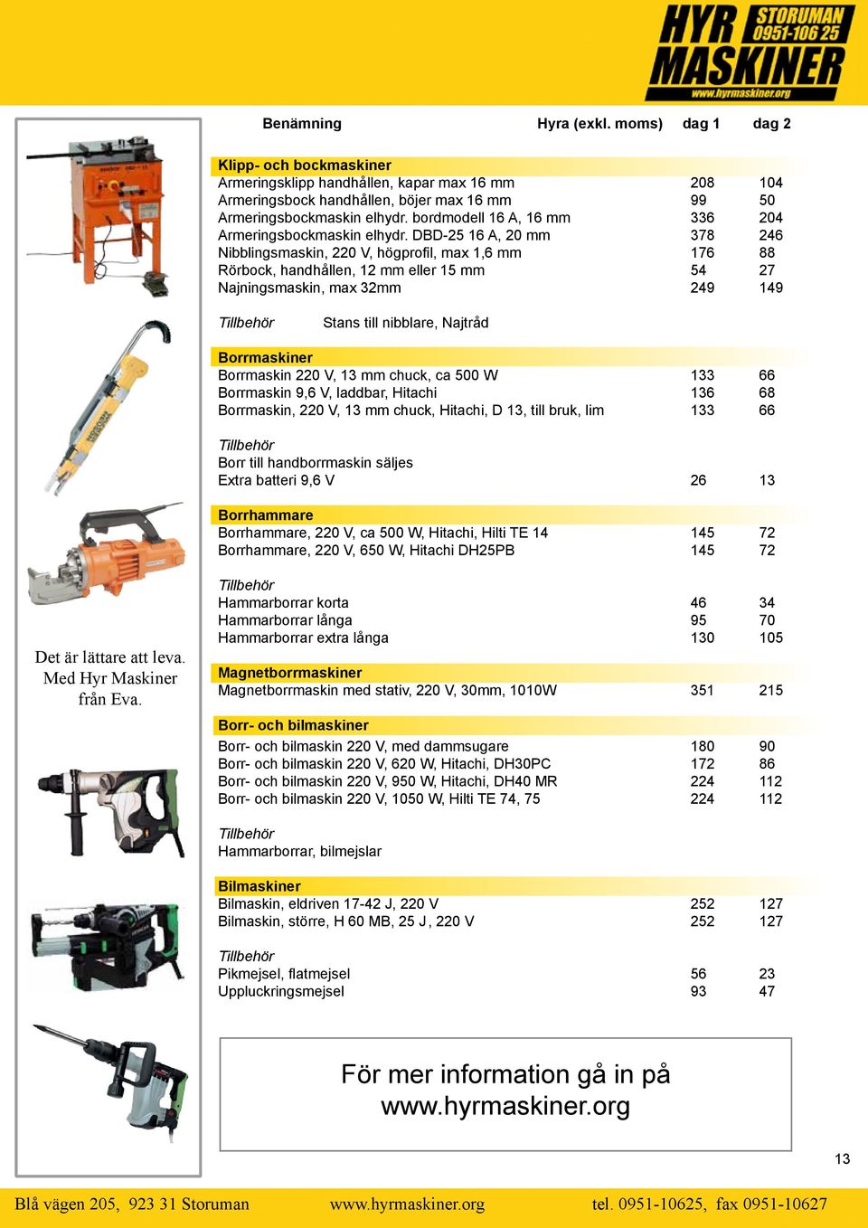 DBD-25 16 A, 20 mm 378 246 Nibblingsmaskin, 220 V, högprofil, max 1,6 mm 176 88 Rörbock, handhållen, 12 mm eller 15 mm 54 27 Najningsmaskin, max 32mm 249 149 Stans till nibblare, Najtråd Borrmaskiner