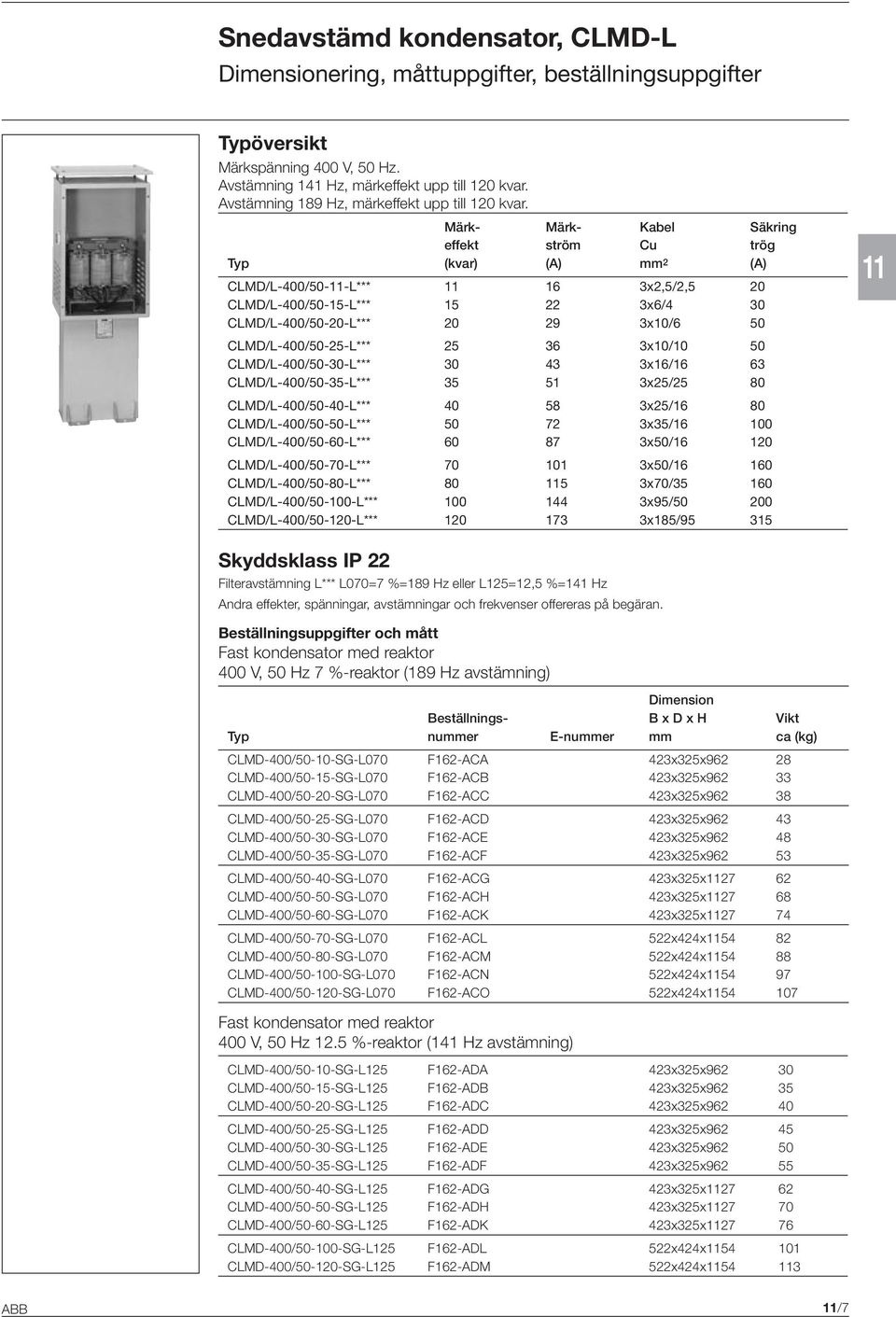 Märk- Märk- Kabel Säkring effekt ström Cu trög Typ (kvar) (A) mm 2 (A) CLMD/L-400/50-11-L*** 11 16 3x2,5/2,5 20 CLMD/L-400/50-15-L*** 15 22 3x6/4 30 CLMD/L-400/50-20-L*** 20 29 3x10/6 50