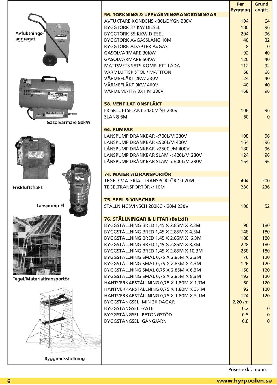 GASOLVÄRMARE 30KW 92 40 GASOLVÄRMARE 50KW 120 40 MATTSVETS SATS KOMPLETT LÅDA 112 92 VARMLUFTSPISTOL / MATTFÖN 68 68 VÄRMEFLÄKT 2KW 230V 24 40 VÄRMEFLÄKT 9KW 400V 40 40 VÄRMEMATTA 3X1 M 230V 168 96