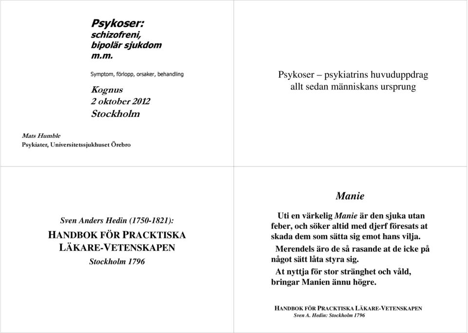 Universitetssjukhuset Örebro Manie Sven Anders Hedin (1750-1821): HANDBOK FÖR PRACKTISKA LÄKARE-VETENSKAPEN Stockholm 1796 Uti en värkelig Manie är den sjuka utan