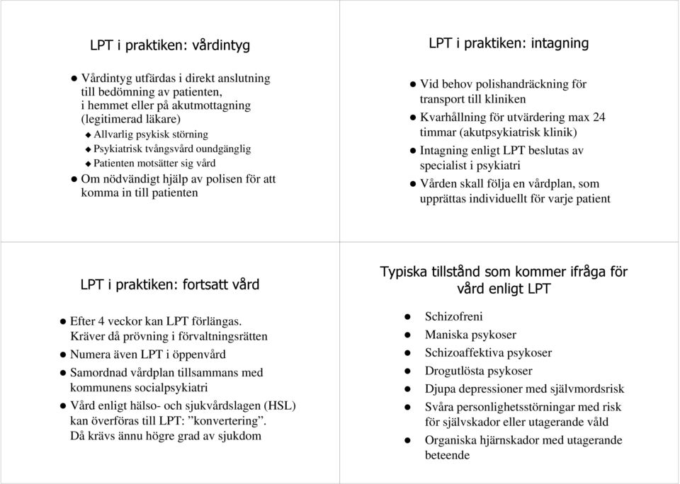 Kvarhållning för utvärdering max 24 timmar (akutpsykiatrisk klinik) Intagning enligt LPT beslutas av specialist i psykiatri Vården skall följa en vårdplan, som upprättas individuellt för varje