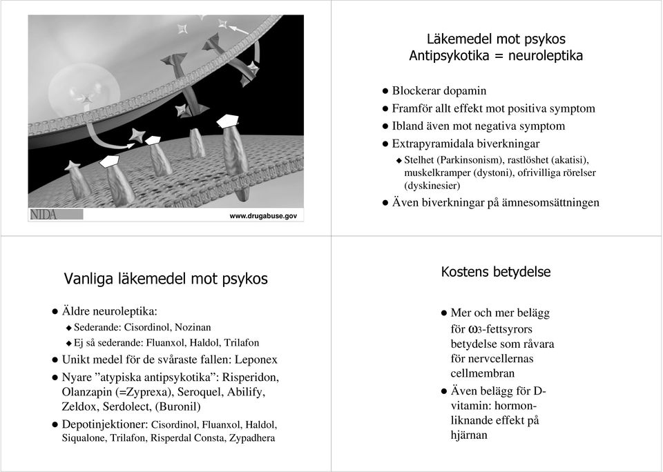 gov Vanliga läkemedel mot psykos Kostens betydelse Äldre neuroleptika: Mer och mer belägg för ω3-fettsyrors betydelse som råvara för nervcellernas cellmembran Även belägg för Dvitamin: hormonliknande