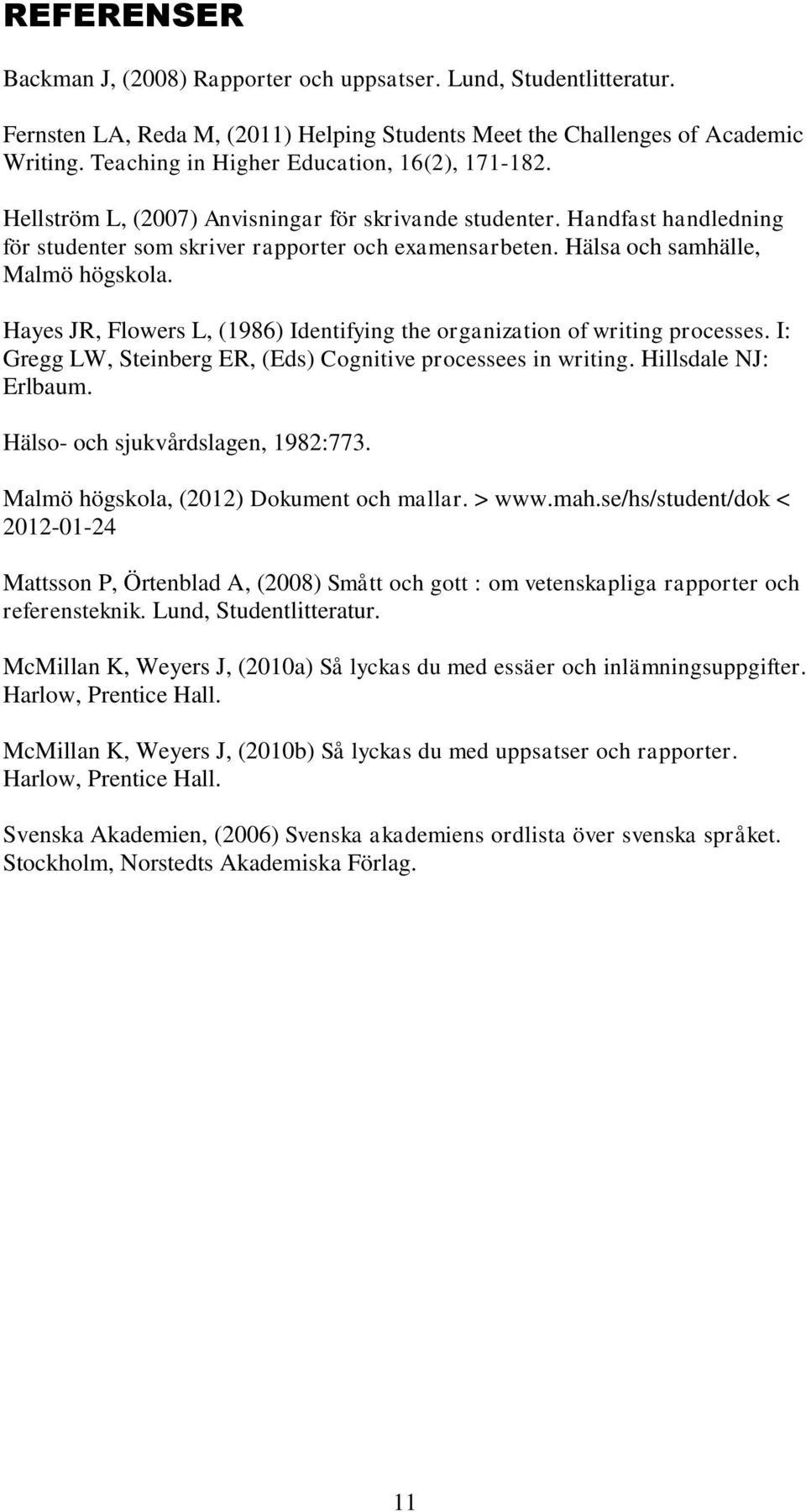 Hälsa och samhälle, Malmö högskola. Hayes JR, Flowers L, (1986) Identifying the organization of writing processes. I: Gregg LW, Steinberg ER, (Eds) Cognitive processees in writing.