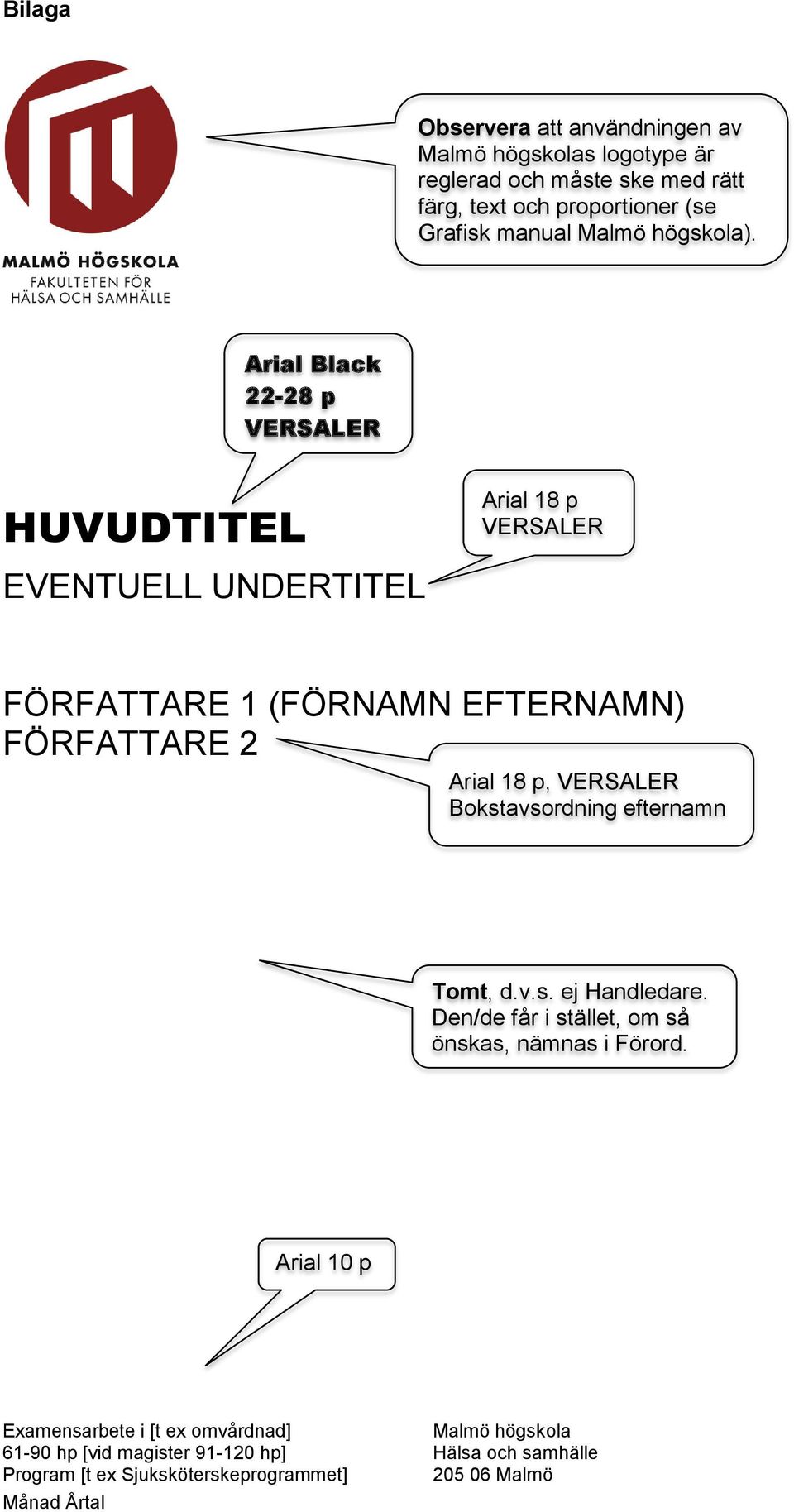 Arial Black 22-28 p VERSALER HUVUDTITEL EVENTUELL UNDERTITEL Arial 18 p VERSALER FÖRFATTARE 1 (FÖRNAMN EFTERNAMN) FÖRFATTARE 2 Arial 18 p, VERSALER