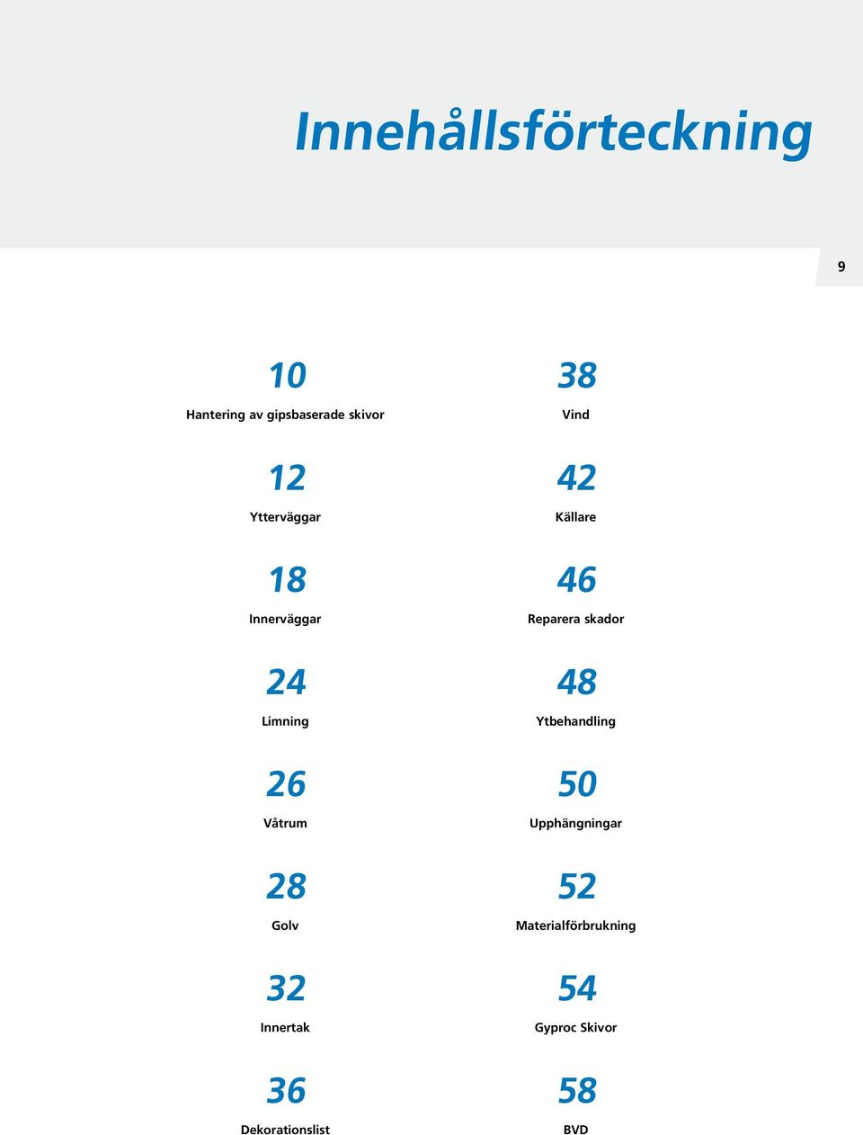 Innertak 36 Dekorationslist 38 Vind 42 Källare 46 Reparera skador