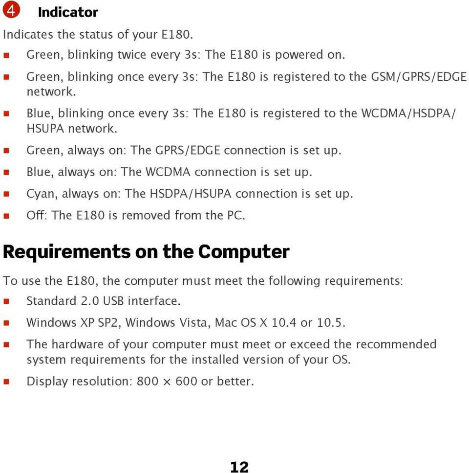 Cyan, always on: The HSDPA/HSUPA connection is set up. Off: The E180 is removed from the PC.