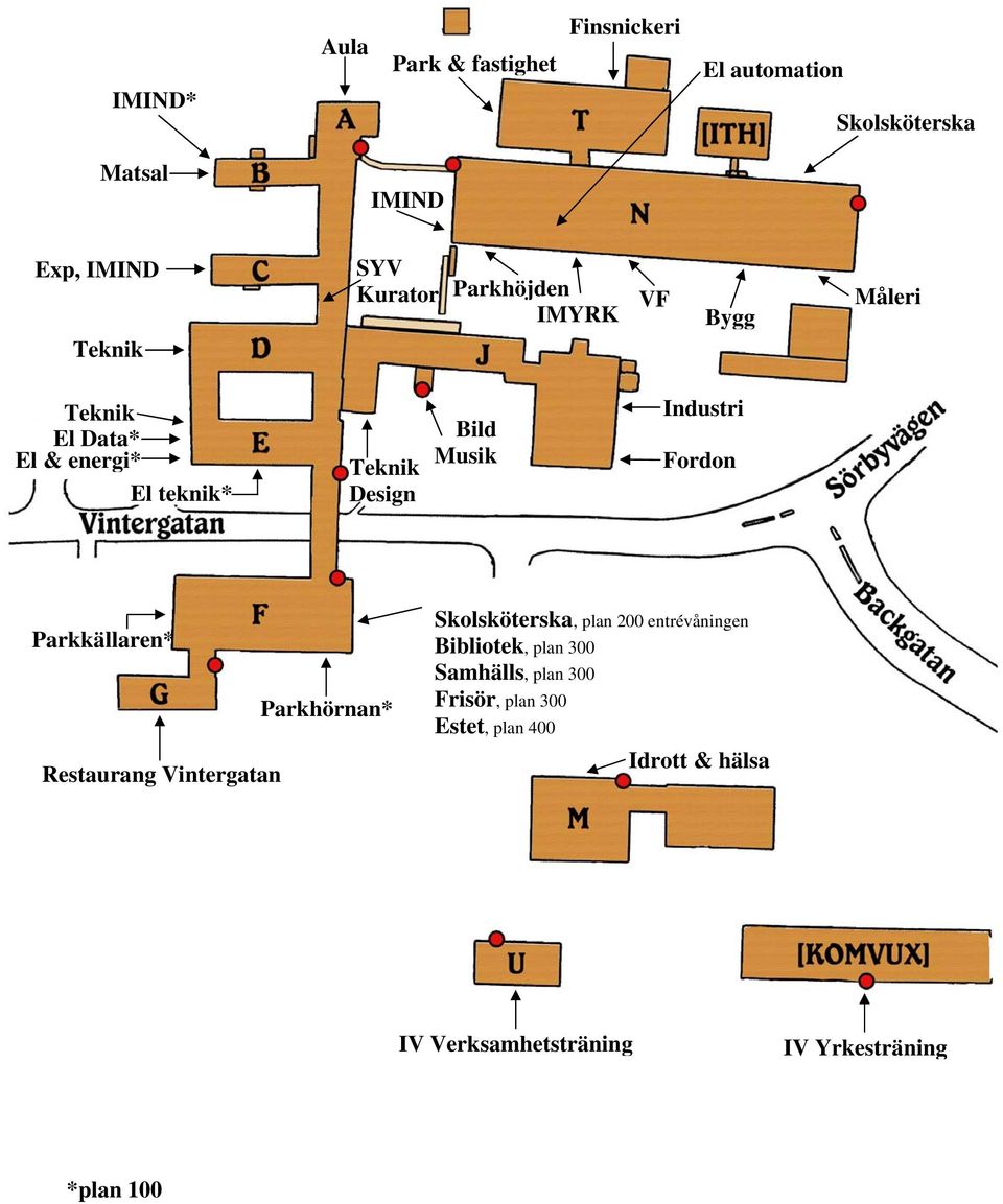 Fordon Parkkällaren* Restaurang Vintergatan Parkhörnan* Skolsköterska, plan 200 entrévåningen Bibliotek, plan