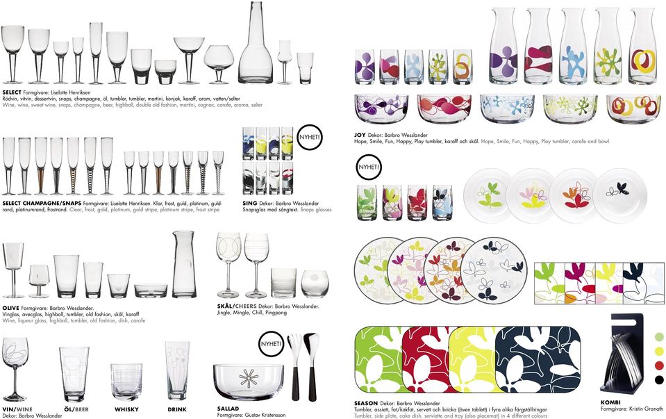 Hope, Smile, Fun, Happy, Play tumbler, carafe and bowl NYHET! SELECT CHAMPAGNE/SNAPS Liselotte Henriksen. Klar, frost, guld, platinum, guldrand, platinumrand, frostrand.