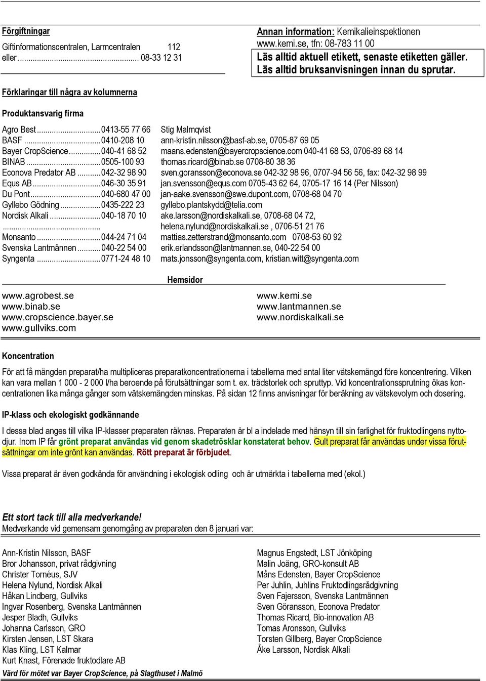 ..0413-55 77 66 Stig Malmqvist BAS...0410-208 10 ann-kristin.nilsson@basf-ab.se, 0705-87 69 05 Bayer CropScience...040-41 68 52 maans.edensten@bayercropscience.com 040-41 68 53, 0706-89 68 14 BINAB.