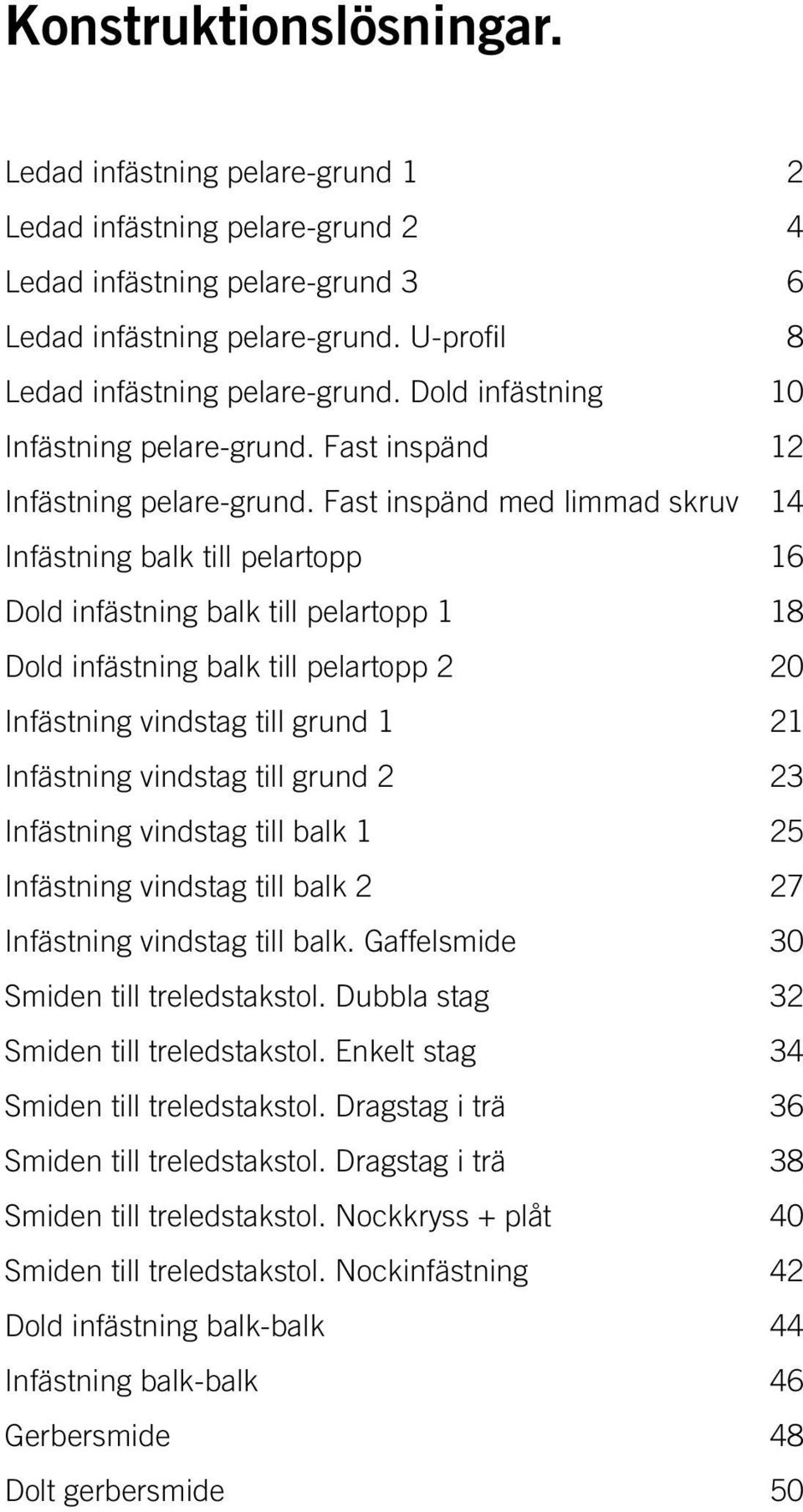 Fast inspänd med limmad skruv 14 Infästning balk till pelartopp 16 Dold infästning balk till pelartopp 1 18 Dold infästning balk till pelartopp 2 20 Infästning vindstag till grund 1 21 Infästning