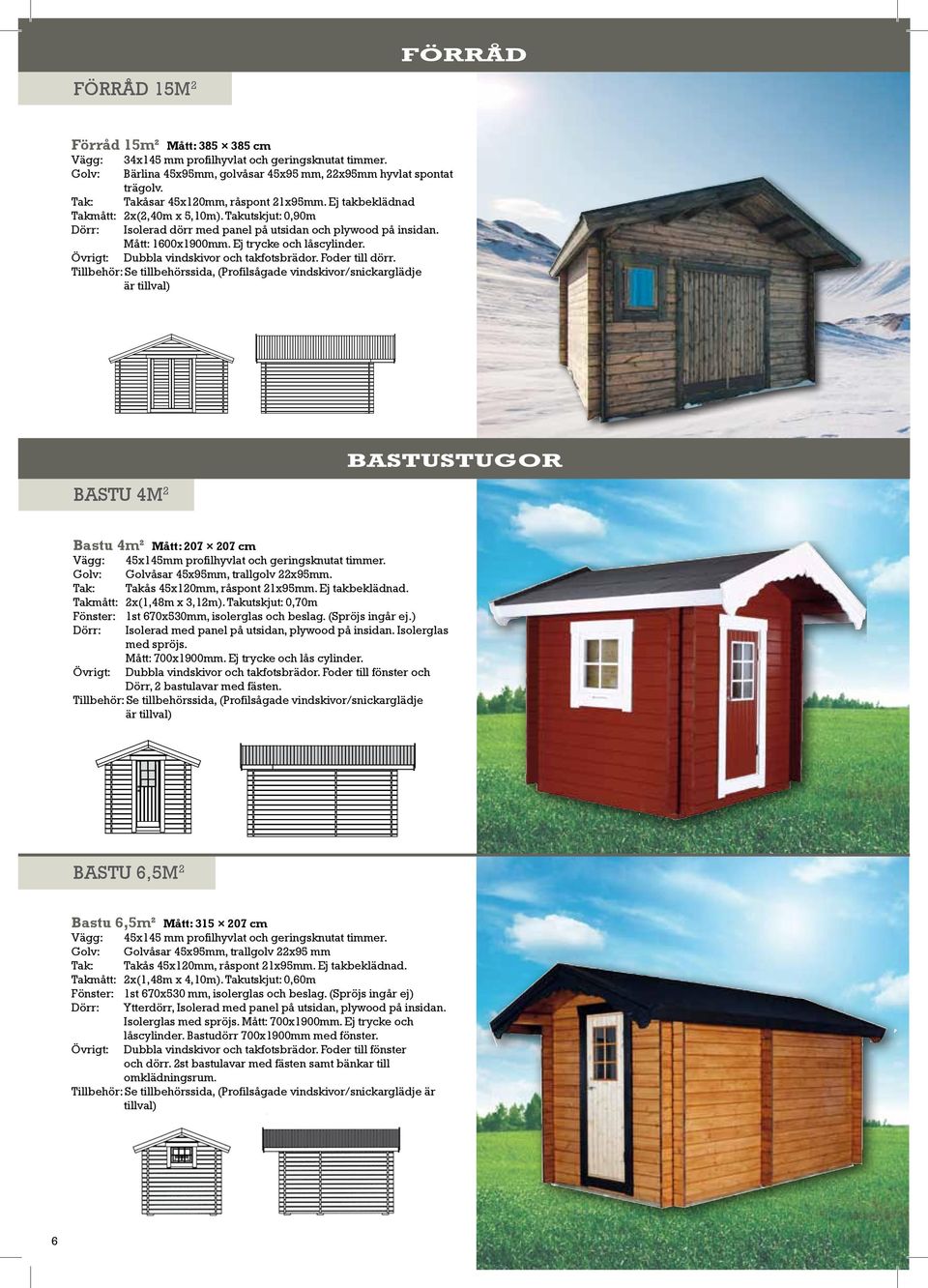 Ej trycke och låscylinder. Övrigt: Dubbla vindskivor och takfotsbrädor. Foder till dörr. Bastu 4m 2 Bastustugor Bastu 4m² Mått: 207 207 cm Golv: Golvåsar 45x95mm, trallgolv 22x95mm.