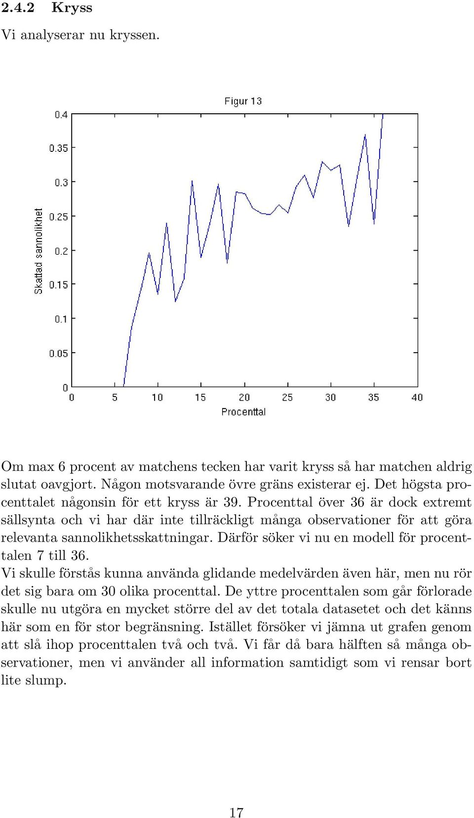 Därför söker vi nu en modell för procenttalen 7 till 36. Vi skulle förstås kunna använda glidande medelvärden även här, men nu rör det sig bara om 30 olika procenttal.