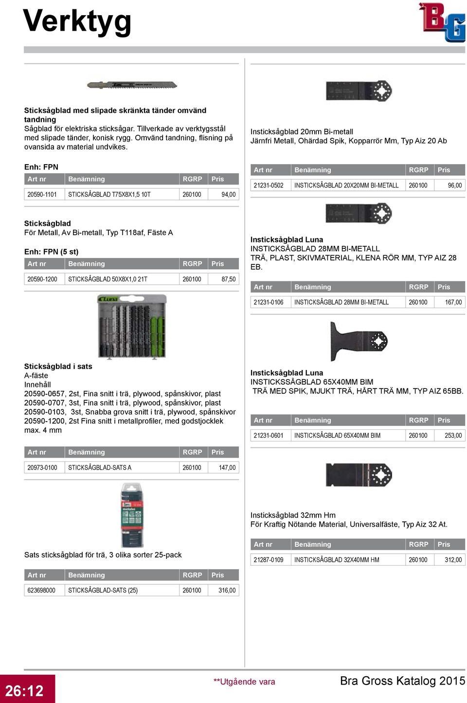 Enh: FPN 20590-1101 STICKSÅGBLAD T75X8X1,5 10T 0100 94,00 Insticksågblad 20mm Bi-metall Järnfri Metall, Ohärdad Spik, Kopparrör Mm, Typ Aiz 20 Ab 21231-0502 INSTICKSÅGBLAD 20X20MM BI-METALL 0100