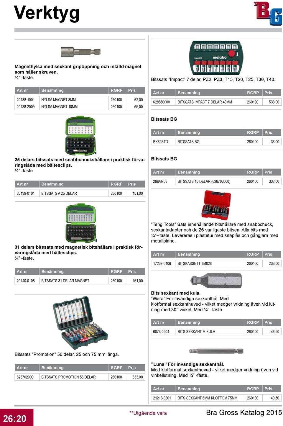 628850000 BITSSATS IMPACT 7 DELAR 49MM 0100 533,00 Bitssats BG BX32STD BITSSATS BG 0100 136,00 25 delars bitssats med snabbchuckshållare i praktisk förvaringslåda med bältesclips.