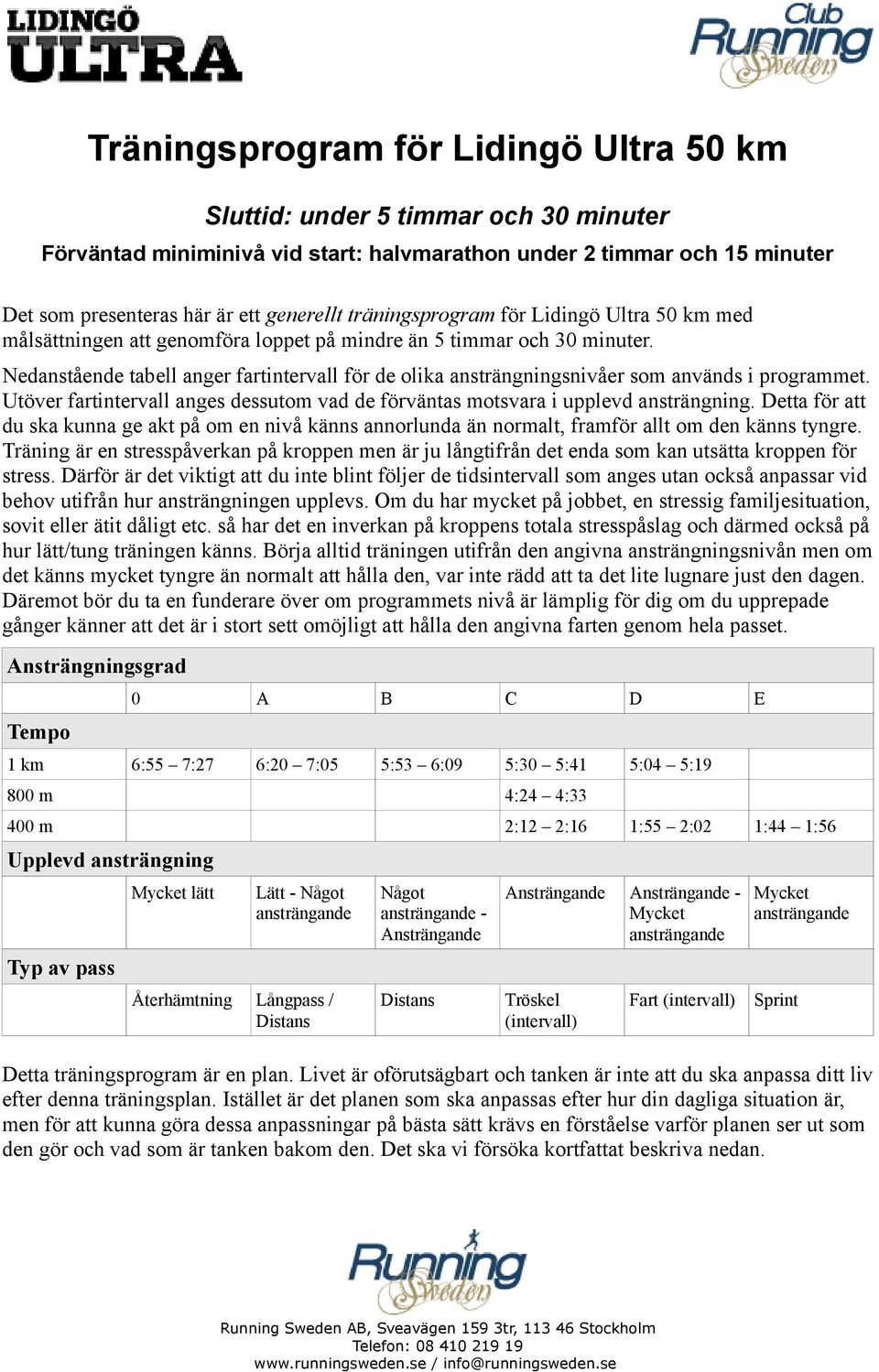 Nedanstående tabell anger fartintervall för de olika ansträngningsnivåer som används i programmet. Utöver fartintervall anges dessutom vad de förväntas motsvara i upplevd ansträngning.