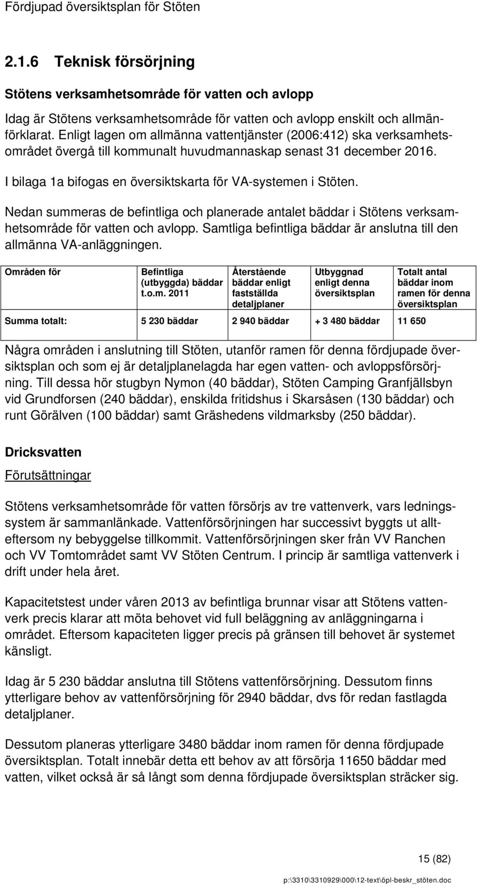 Nedan summeras de befintliga och planerade antalet bäddar i Stötens verksamhetsområde för vatten och avlopp. Samtliga befintliga bäddar är anslutna till den allmänna VA-anläggningen.