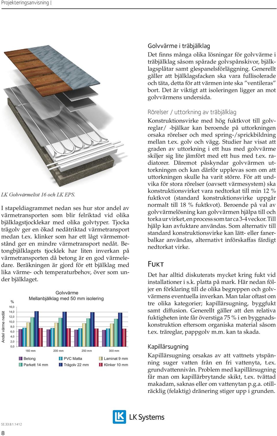 LK Golvvärmelist 16 och LK ES. I stapeldiagrammet nedan ses hur stor andel av värmetransporten som blir felriktad vid olika bjälklagstjocklekar med olika golvtyper.